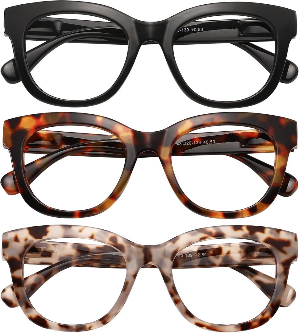 Reading Glasses for Women Men Square Oval Readers with Spring Hinge Anti UV Glare (Black/Demi White/Demi Brown-clear Lens)