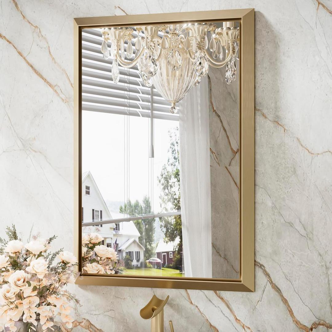 TETOTE 24 x 36 Brushed Gold Bathroom Mirror, Stereo Beveled Golden Metal Frame Rectangle Vanity Mirror for Wall Modern Farmhouse Mirror for Living Room Bedroom Entryway, Easy to Install