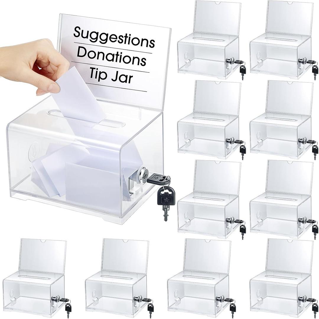 10 Pcs Acrylic Donation Boxes with Lock Sign Holder and Slot
Ballot Box for Voting, Raffle, Secure Donation Container for Fundraising, Tip Jar, Suggestion Card Holder Included