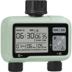 2 Zone Sprinkler Timer, Garden Hose Timer, Automatic Irrigation System, Programmable Faucet, 2 Outlets, with Rain Delay, Manual Mode,Child Lock, for Yard, Garden, Lawn Greenish Gray D12WT06