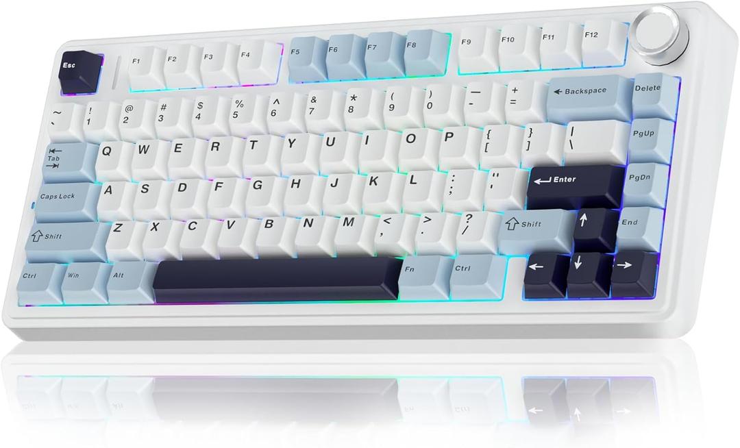 AULA F75 75% Wireless Mechanical Keyboard, Hot Swappable Creamy Keyboard, Pre-lubed Reaper Switches, 2.4GHz/Type-C/BT5.0, RGB Backlit Gaming Keyboards(White & Blue)