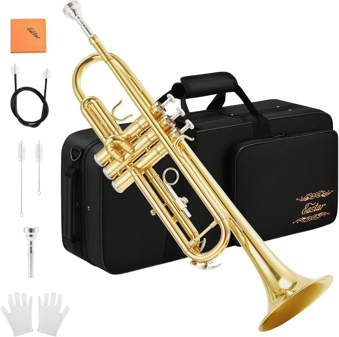Eastar Bb Standard Trumpet Set for Beginner, Brass Student Trumpet Instrument with Hard Case, Cleaning Kit, 7C Mouthpiece and Gloves, ETR-380, Golden