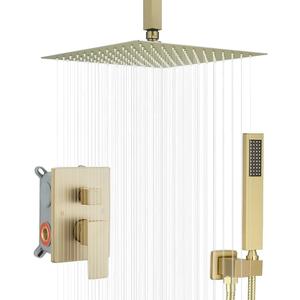 12 Inch Ceiling Mount Brushed Gold Shower System Bathroom Luxury Rain Mixer Shower Combo Set Ceiling Rainfall Shower Head System (Contain Shower Faucet Rough-in Valve Body and Trim)