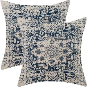 AEIOAE Boho Pillow Covers 18x18 Inch Set of 2,Carpet Pattern Throw Pillows Case,Navy Blue Beige Ethnic Design Outdoor Decorative Square Linen Farmhouse Decor Cushion Covers for Home Sofa Bed Couch