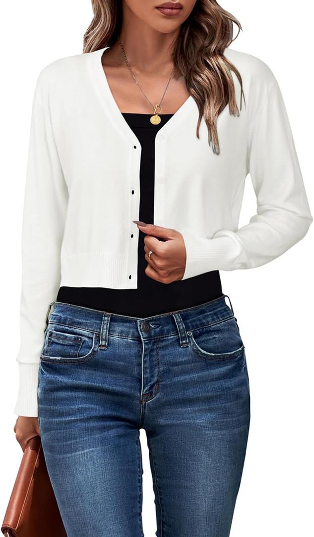 Newshows Cropped Cardigan Sweaters For Women 2026 Crew Neck Button Down Open Front Knit Bolero Shrugs (White, L)