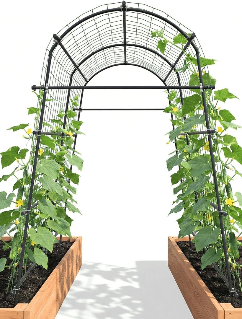 7ft Garden Arch Trellis for Climbing Plants Outdoor-Heavy Duty Metal Cucumber Trellis for Raised Beds- Tall Steel Vegetable Arbor with Strong Bolt Assembly & Outdoor-Ready Stakes, 71"L×70"W×82"H
