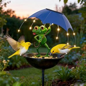 Garden Decor Solar Bird Feeder Frog, Frog Gifts Hummingbird Feeder Decorative Path Lights Yard Art Ornament Bird Feeder,Outdoor Solar Lights Frog Figurine Lights with Umbrella (Frog) (Blue)