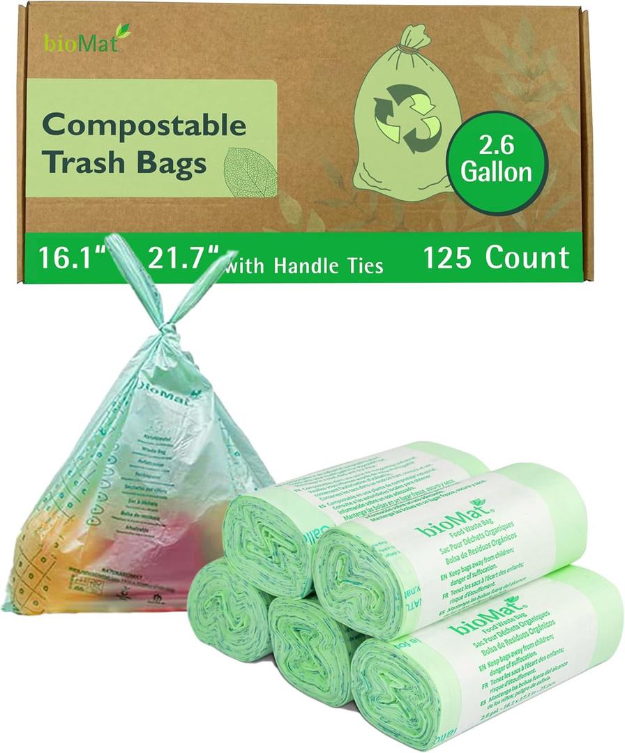 bioMat Compostable Trash Bags 2.6 Gallon with Handle Ties, 125 Count, Small Kitchen Food Scrap Bin Liners, BPI, CMA and OK Compost HOME certified, Meets the ASTM D6400 Standard