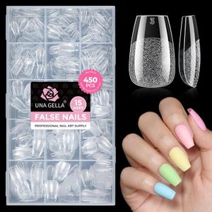 UNA GELLA Short Coffin Nail Tips: 450PCS Fake Acrylic Gel Nail Tips 15 Sizes Soft Clear Pre-Etched Nails Extension Full Cover Coffin Press On Nails Home DIY Salon