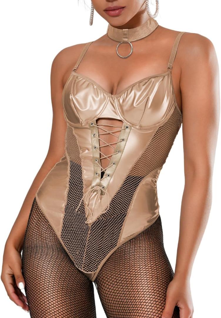 Kaei&Shi Rave Outfits Bodysuit Tops, Fishnet Corset Body Suit, Sexy Lingerie For Women, Faux Leather Festival Goth (0-2, Champagne) X-Small