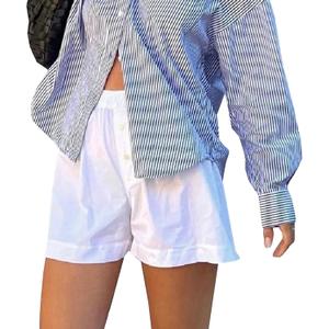 Women's Plaid Striped Shorts Pajama Elastic High Waist Wide Leg Summer Button Beach Nightclub Lounge Shorts (B# White, M), Medium