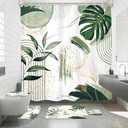 Mitpok 4 PCS Sage Green Boho Shower Curtain Set 72Wx72H, Non-Slip Bath Rug Toilet Lid Cover and U Shape Mat Modern Tropical Palm Leaves Complete Bathroom Set Accessories with 12 Hooks Bathroom Decor