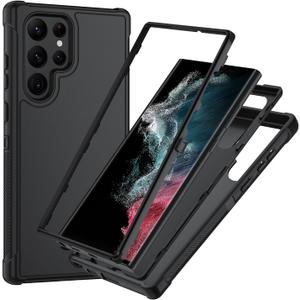 SunStory Compatible with Samsung Galaxy S22 Ultra Case with HD Screen Protector, 3-Layer Heavy Duty Full-Body Cover, 3 in 1 Hybrid Protective Case for Galaxy S22 Ultra 6.8", Black