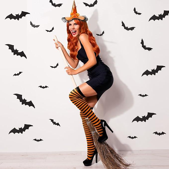 4 Pieces Halloween Witch Costume for Women, Striped Thigh High Socks Curly Wig Halloween Witch Sequins Headband for Cosplay (Orange)