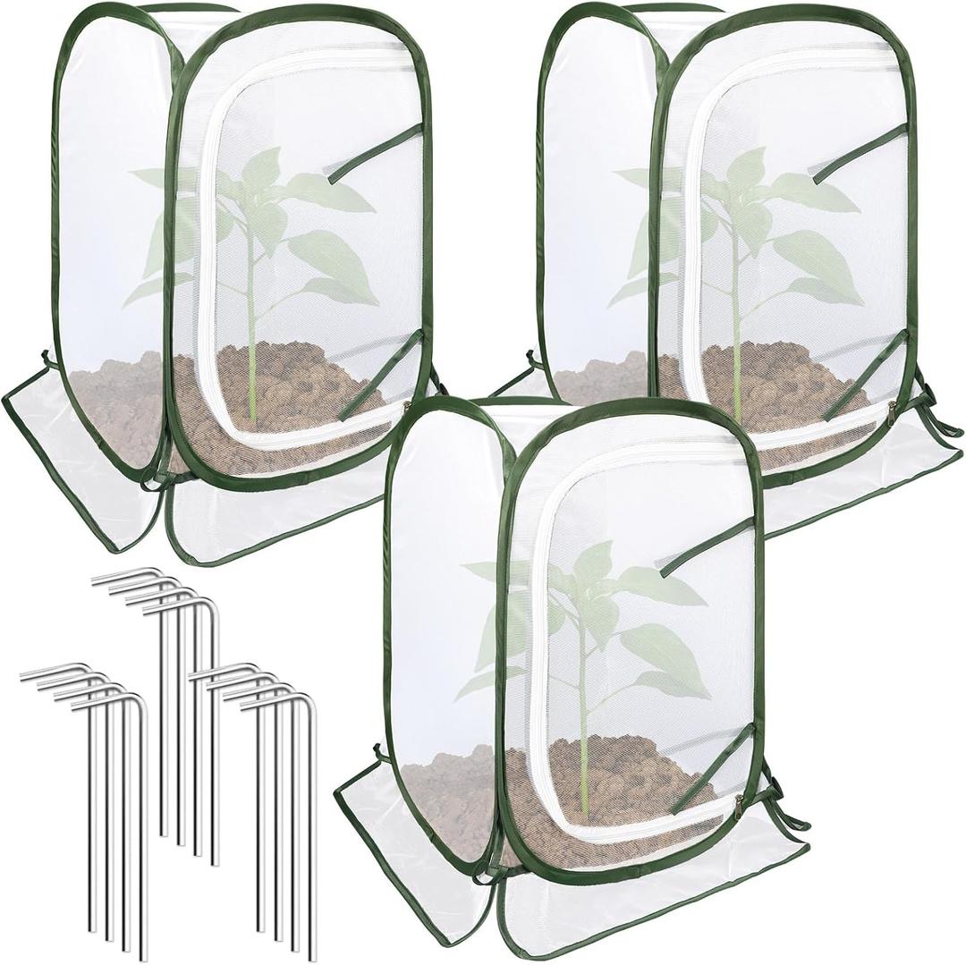 Augshy 3 Pack Pop Up Plant Covers Plant Protectors Tent Mesh Plant Protectors from Animals and Birds Garden Net Cage with Stakes for Protect Outdoor Plants Vegetables Flowers Shrubs 13"x13"x20"