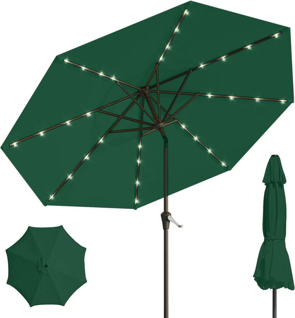 9' Solar LED Patio Umbrella with Tilt & Crank|8 Sturdy Ribs,UV Protection,Outdoor Market Table Umbrella for Deck,Lawn,Pool,Backyard(Dark Green)