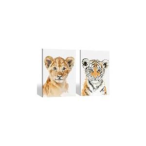 2 Paintings Of A Small Tiger And Lion, 12x16