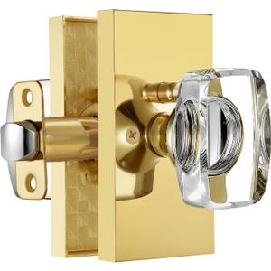 Gold Glass Crystal Door Knobs Interior with Lock, Modern Crystal Glass Privacy Door Knobs for Bedroom and Bathroom, Polished Brass