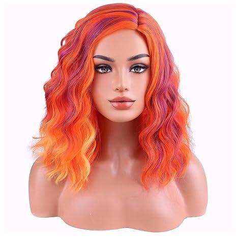 BERON Orange Pink and Purple Short Wave Wig for Women Girls Colored Body Heat Resistant Synthetic Wig for Cosplay Costume Party or Daily