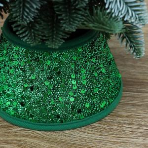 2 x 7.5 Inch Glittering Christmas Tree Collar, Sequin Rustic Mini Tree Skirt Base Cover for Small Tabletop Trees, Holiday Home Decor Gift, Green