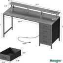 Huuger 55 Inch Computer Desk with Power Outlets and LED Lights, Gaming Desk with 4 Drawers, Office Desk with Monitor Stand, Study Work, Home Office, Gray