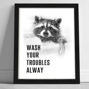 arteWOODS Funny Raccoon Bathroom Wall Art - Rustic Farmhouse Wall Decor with Humorous Quotes Black Framed Print Artwork Cute Animal Pictures for Shower Toilet Restroom Kid's Washroom 8x10 Inch