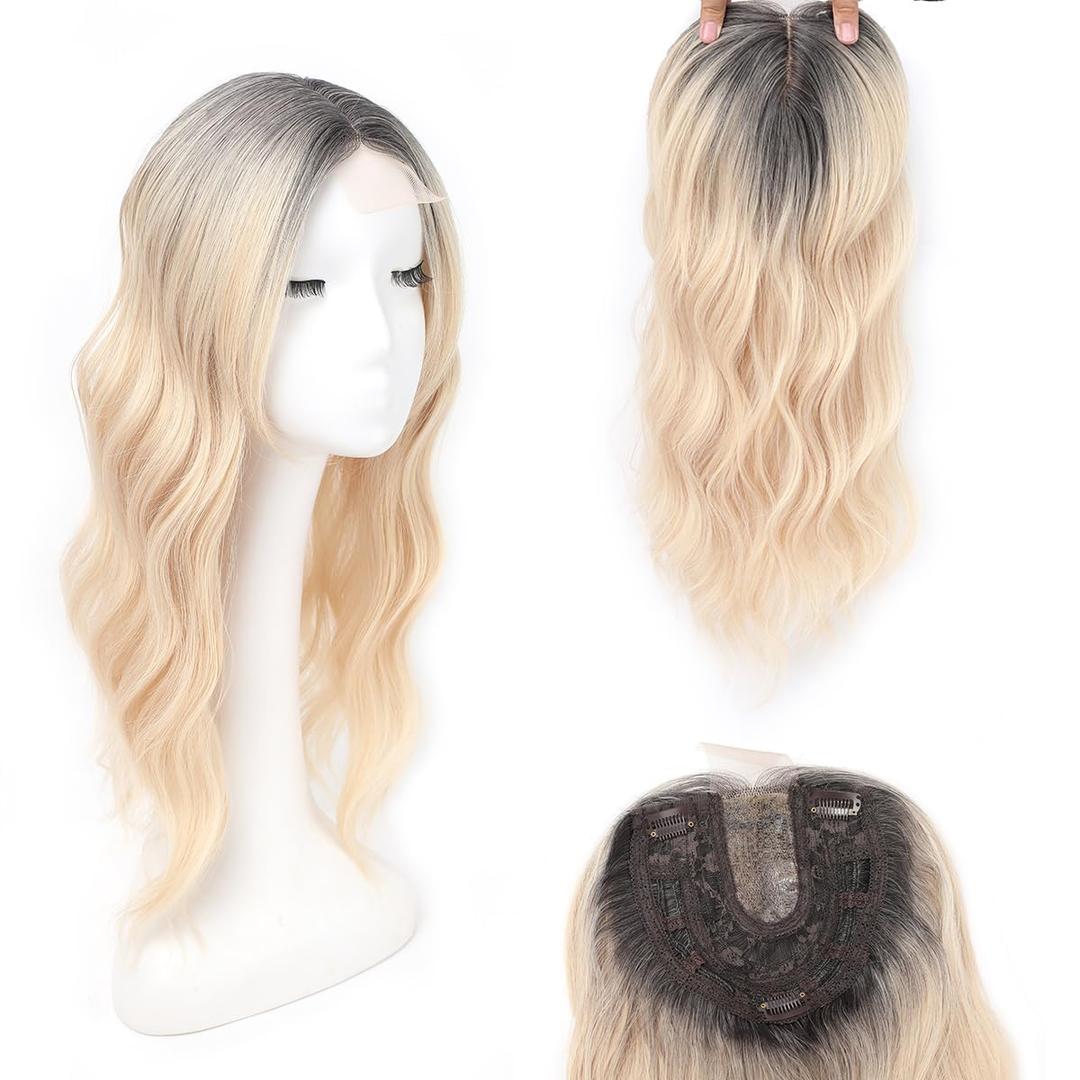 Lumhun 18Inch Hair Toppers for Women with Thinning Hair, Heat Resistant Fibre Synthetic 6.5" x 6.5" Base, Curly Wavy Topper for Women (Ombre Blonde with Dark Root to Blonde, 18inch)