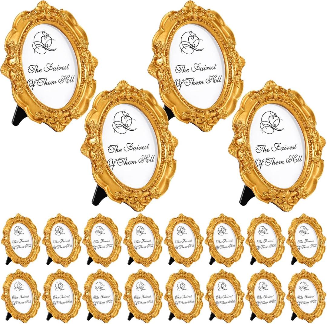 20 Pcs Gold Mini Picture Frames Pack 2 x 3 Inch Small Vintage Antique Ornate Retro Baroque Photo Frames with Backboard for Wall Hanging Tabletop Display Wedding Christmas Decor (Oval)