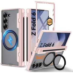 Upgraded 360 Spin Magnetic Invisible Ring Stand for Samsung Galaxy Z Fold 6 Case,[Compatible with MagSafe][S Pen Holder][Hinge Protection][Screen Protector],Shockproof Full Body Phone Cover (Pink)