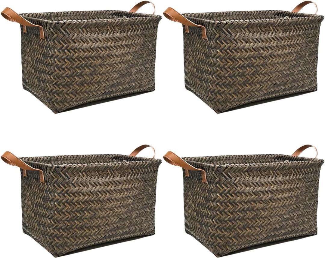GIB Large Wicker Storage Baskets for Shelves, Woven Laundry Basket for Organizing Clothes Blanket Basket, Decorative Rectangular Closet Organizers Storage Bins with Handles, Espresso, 4 Pack