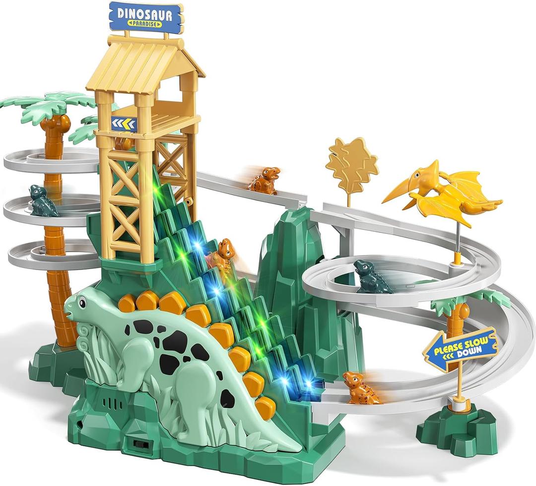 Dinosaur Climbing Slide Stair Toy for Toddlers Aged 3 4 5 6 7 8 - Racing Track Game Set, Sliding Car Toy, Dinosaur Themed with Light and Music, Birthday Dinosaur Gifts for Boys Girls Kids