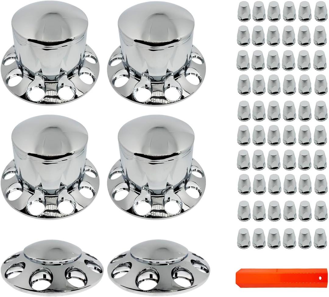 Semi Truck Hub Covers & Wheel Covers Kit - 2 Front + 4 Rear Axle Covers, 33mm Thread-on Lug Nut Covers, 10 Hole Removable Hub Caps/Wheel Caps, ABS Chrome Plastic.