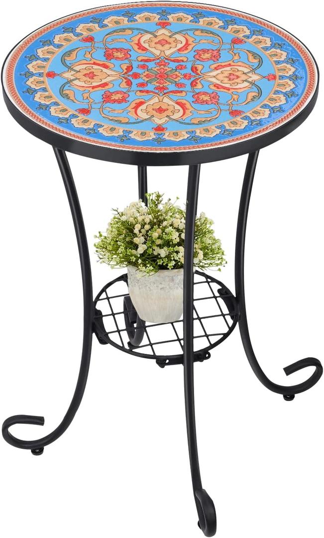 VCUTEKA Outdoor Side Table Mosaic Patio Table Accent Tables Mosaic Tile Top Metal Frame Small End Tables Porch Beach Patio Garden Balcony Blue 14''