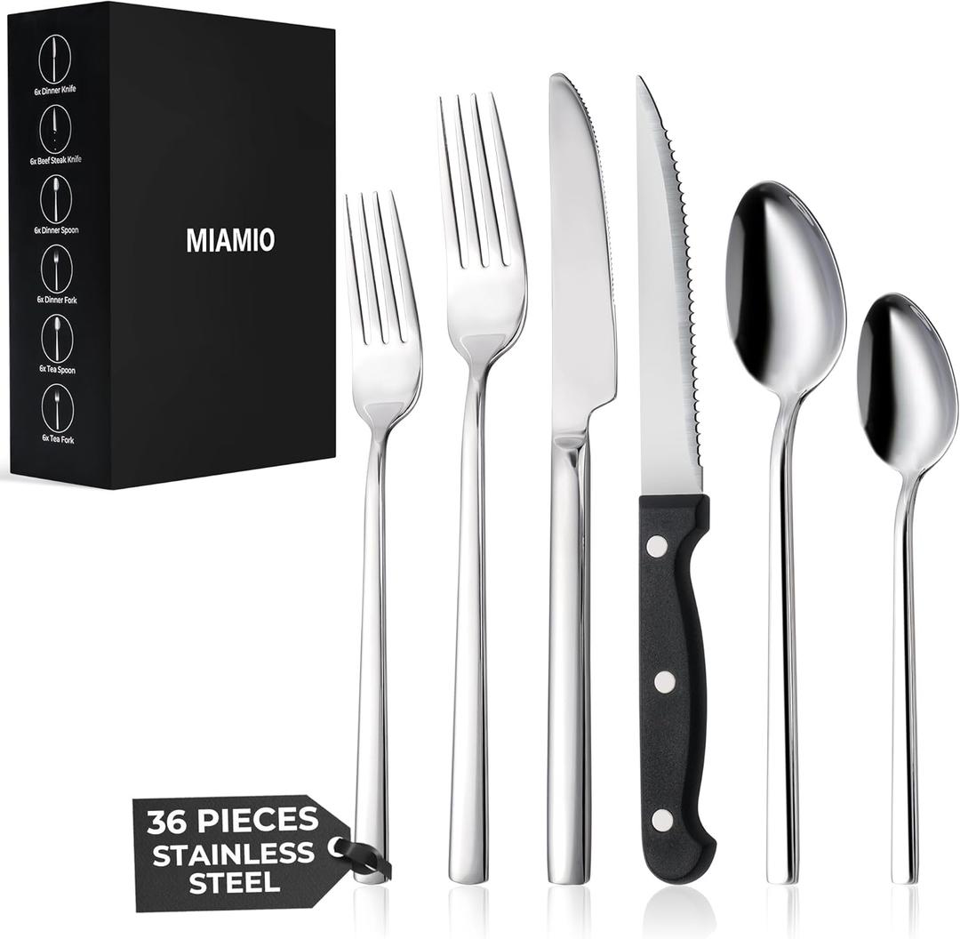 MIAMIO  Cutlery Set Stainless Steel for 6 People / 36-Piece Flatware Set  Includes Knives, Forks, Spoons  Dishwasher Safe (Silver)
