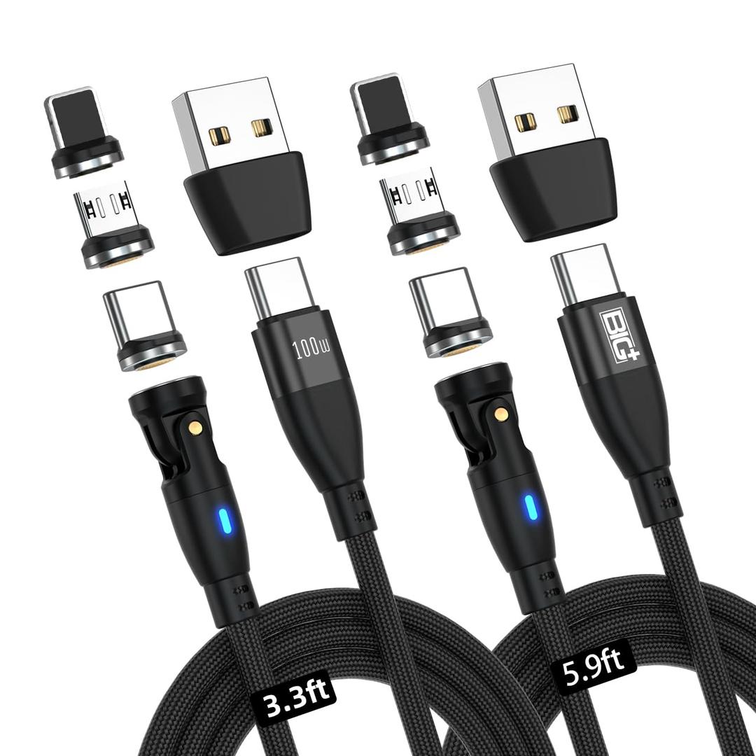 BIG+ Magnetic Charging Cable 2 Pack- (3.3ft/5.9ft) 100W USB C | 540 Swivel Head,6 in 1 PD Fast Charging Magnetic USB C Nylon Braided Cable,Micro USB A/C for i-Products,Android