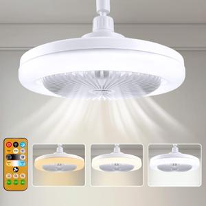 Socket Fan Light with Remote, 10 Inch Socket Ceiling Fan with 3-Speeds, Dimmable LED, E26/E27 Base, Small Cordless Light Socket Ceiling Fan for Bedroom, Kitchen and Small Rooms