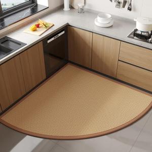 YDKGL Corner Kitchen Mats for Floor Non Slip Washable, Rubber Backed Circular Sector Kitchen Rugs, Super Absorbent Imitation Jute Braided Kitchen Floor Mat for Sink Corner Areas, Brown Radius 47"