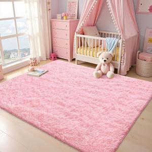 OLANLY Area Rugs for Living Room Bedroom, Machine Washable 4x5.9 ft Soft Fluffy Shaggy Bedside Rug, Indoor Floor Carpet for Kids Girls and Boys, Dorms, Nursery Rooms, Home Decor Aesthetic, Pink