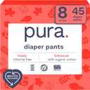 Pura Hypoallergenic Diaper Pants Size 8 (41+ lbs) Overnight, up to 12 Hours Leak Protection, Suitable for Sensitive Skin, Totally Chlorine Free, Soft Organic Cotton, 3 Packs of 15 (45 Pull Up Pants)
