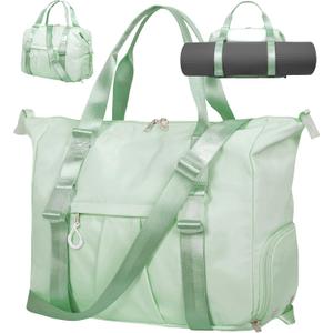 Gym Bag with Yoga Mat Holders, Carry On for Pilates Women & Men with Laptop & Shoe Compartment Large Duffle Travel Weekender Tote with Key Ring Clip Personal Item Workout, Easy to Clean - Green