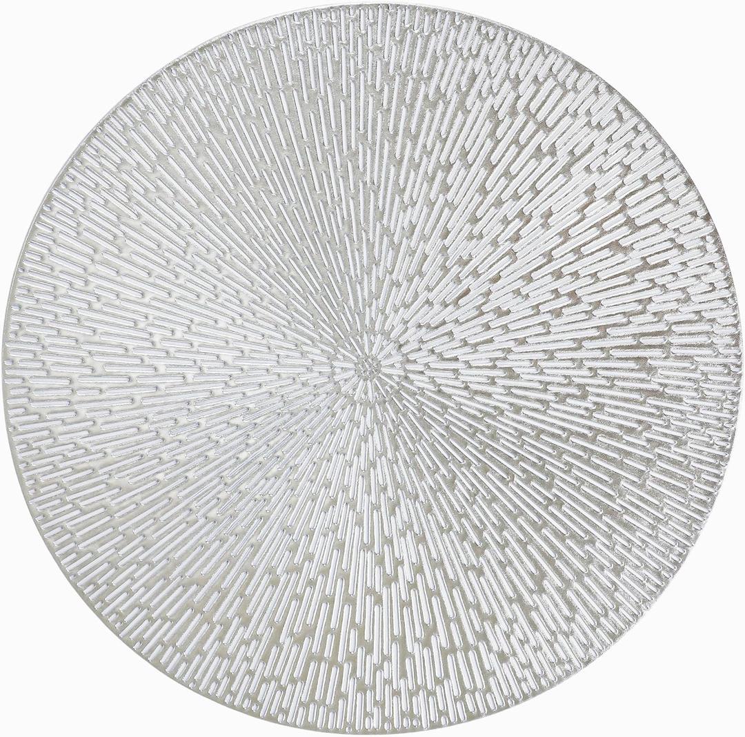 Snowkingdom Round Silver Placemats Set of 18, 15 Inch Round Metallic Hollow Vinyl Place Mats, Washable Easy Clean Wipeable Non Slip PVC Kitchen Dining Table Mats for Wedding Outdoor Party Decoration