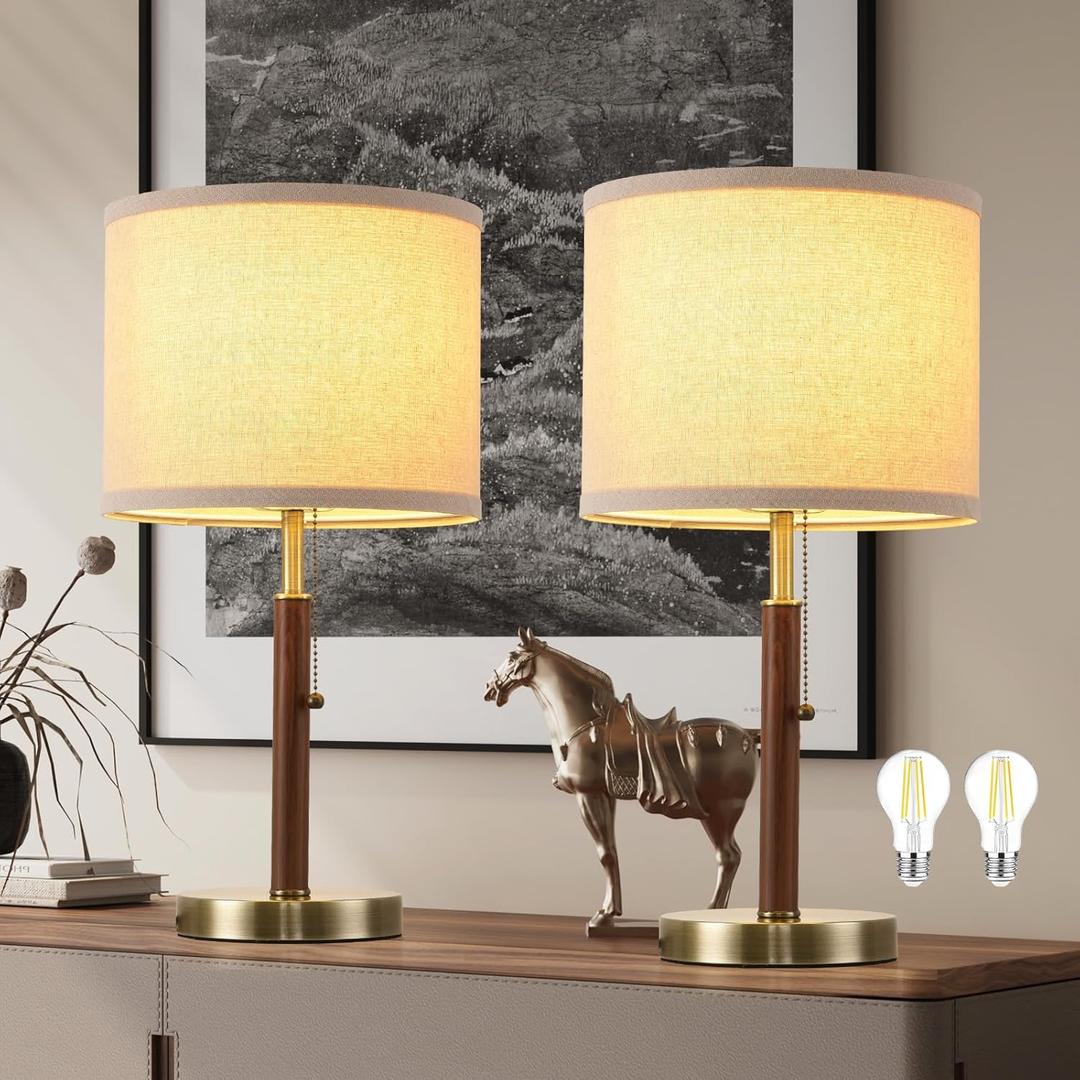Mid Century Table Lamps Set of 2, 19.5" Modern Bedside Buffet Table Lamps with Pull Chain Switch, Antique Brass & Wood Small Nightstand Lamps for Living Room Bedroom End Table