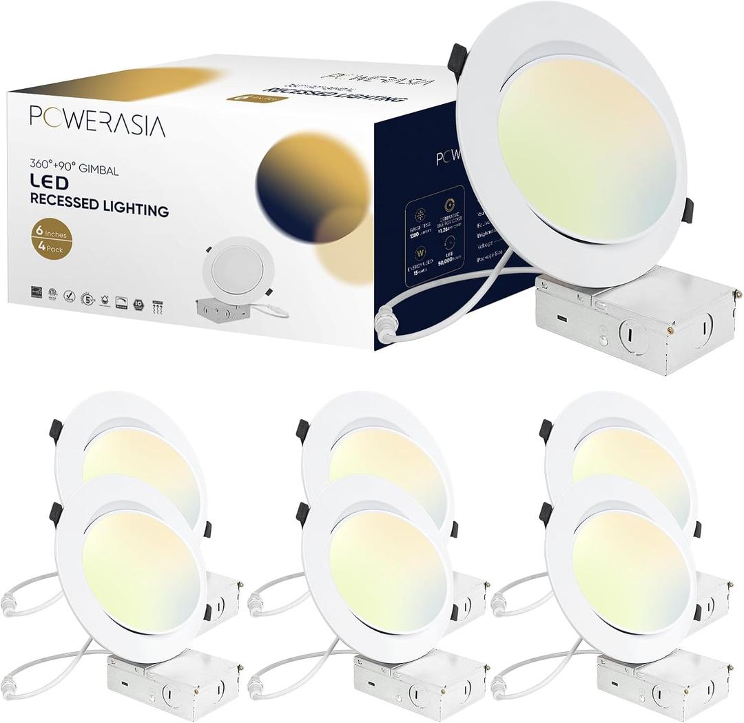 4 Pack 6 Inch Gimbal LED Recessed Lighting with Junction Box, 5CCT 2700K-6000K Selectable, 360+90 Adjustable Directional Eyeball Light, 15W 1300LM Slim Canless Downlight - ETL and Energy Star