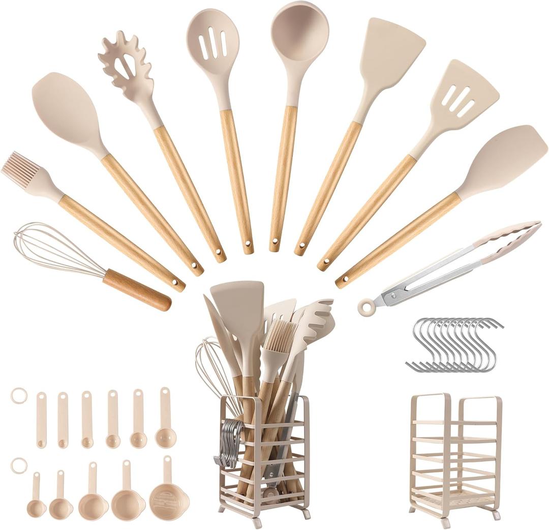 hecef Kitchen Utensils Set, 32 PCS Silicone Cooking Utensils Set with Stainless Steel Holder, 446F Heat Resistant Food Grade Kitchen Gadgets Tools Set Wooden Handle for Nonstick Cookware (Khaki)