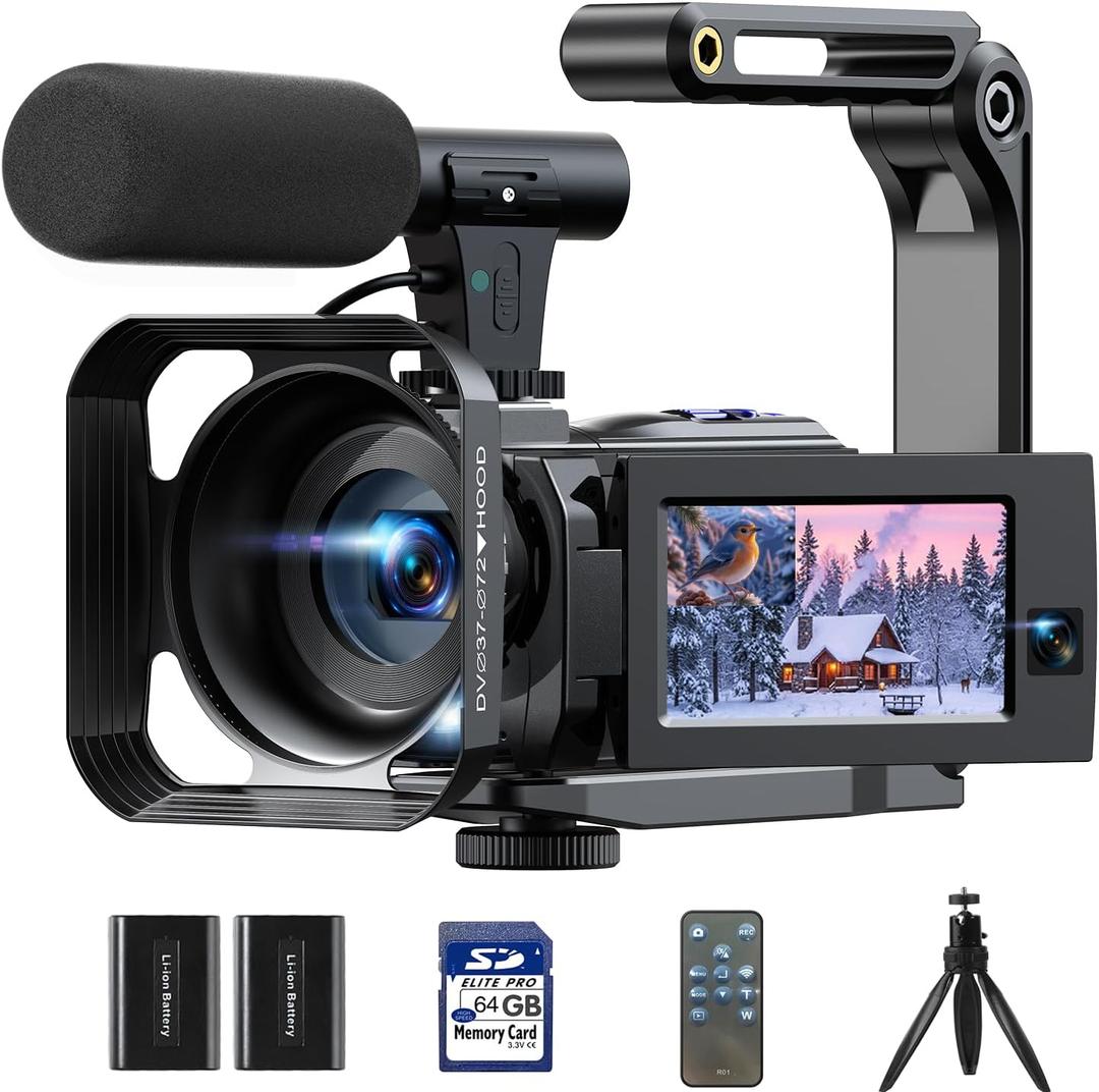 Camcorder Video Camera 5K 56MP - Dual Lens Vlogging Camera for YouTube with Night Vision 16X Digital Zoom 3" 270 Flip Touchscreen, 64GB Card, Microphone, Remote - Video Recorder for Content Creators