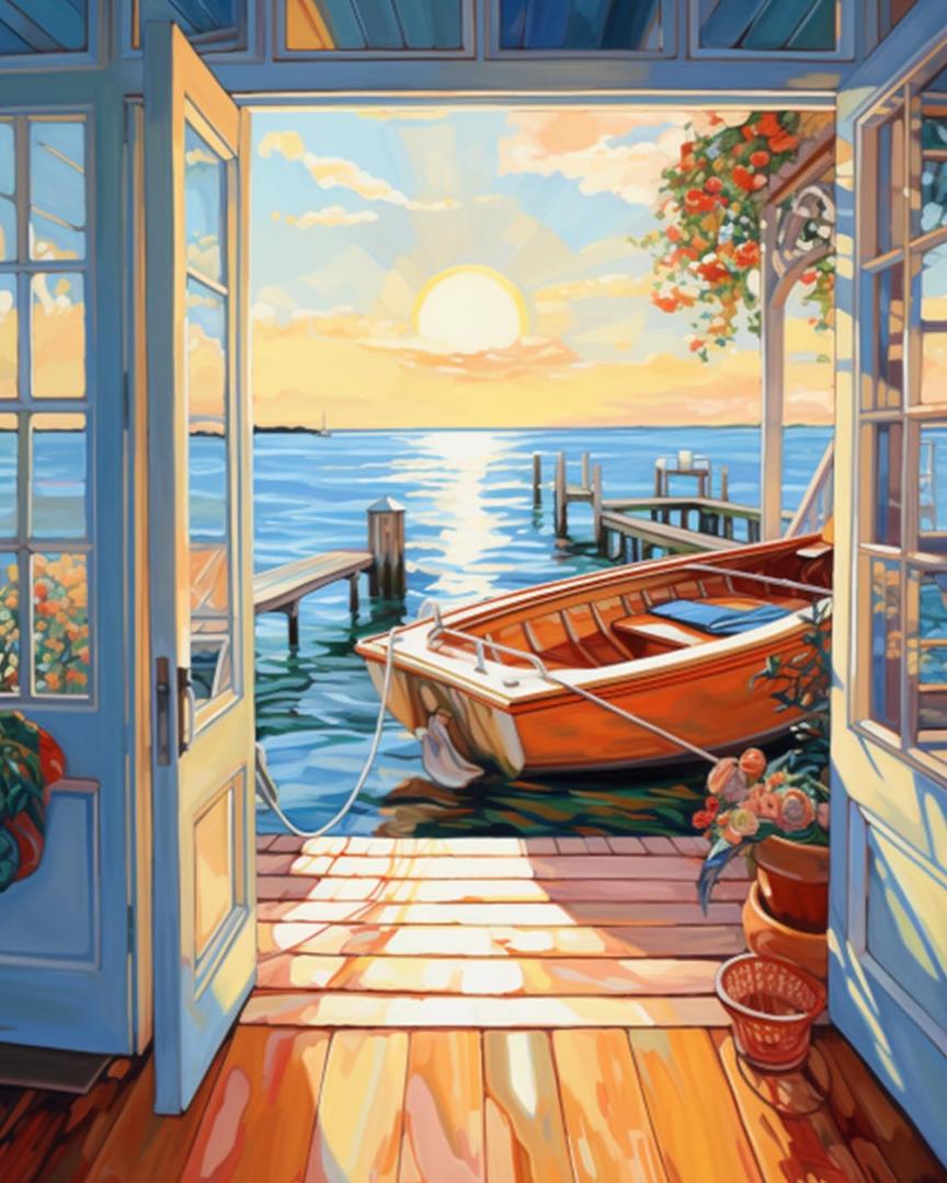 2 x Door Landscape Seaside Paint by Numbers Kits 16x20 inch Canvas DIY Oil Painting for Kids, Students, Adults Beginner with Brushes and Acrylic Pigment - Boat Scenery Sun Landscape (without Frame)
