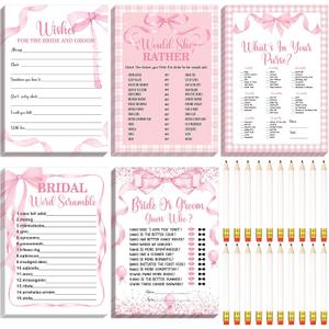Teling 145 Pieces Bridal Shower Game Bridal Shower Favors Set Wedding Games Cards and Pencils for Bride Groom Bachelorette Party Wedding Party Favor (Pink Bow Style)