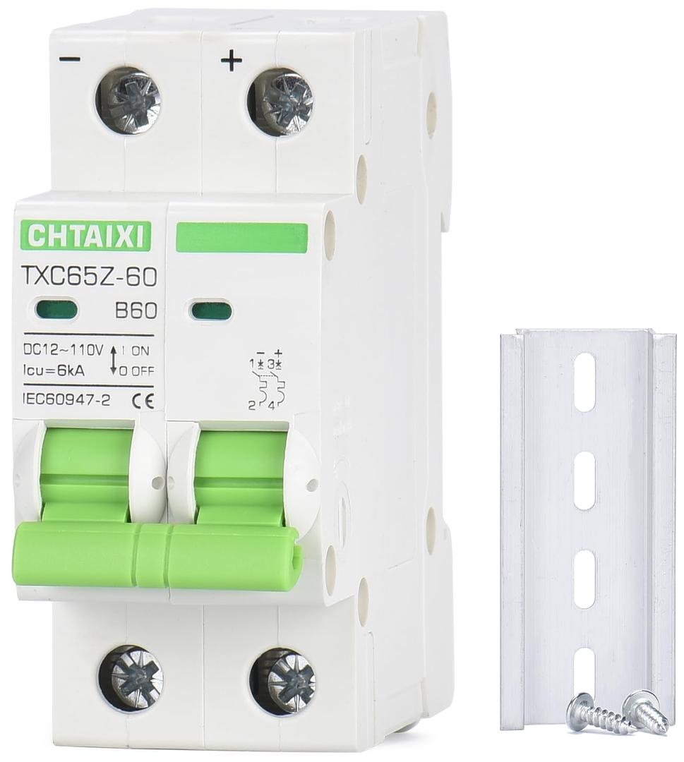 12V-110V DC Miniature Circuit Breaker, 60 Amp 2 Pole Battery Breaker Protector for Solar PV System and RV, Thermal Magnetic Trip, DIN Rail Mount, Chtaixi DC Disconnect Switch B60 12V-110V DC Miniature Circuit Breaker, 60 Amp 2 Pole Battery Breaker Protector for Solar PV System and RV, Thermal Magnetic Trip, DIN Rail Mount, Chtaixi DC Disconnect Switch B60