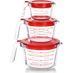 M MCIRCO 6 Pcs Glass Measuring Cups with Lids Set, 1-Cup, 2-Cup, 4-Cup Measuring Jugs with Handle, Nesting Liquid Measuring Cups for Kitchen