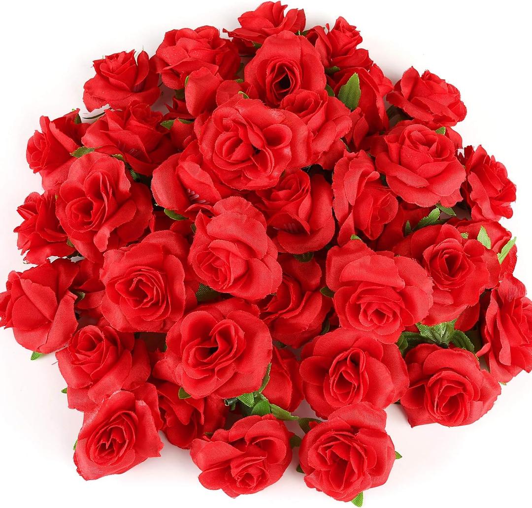 Kesoto 50pcs Red Roses Buds Artificial Flowers Bulk, 1.6" Small Silk Fake Roses Flower Heads for Decoration, Crafts, Wedding Centerpieces Bridal Shower Party Home Decor